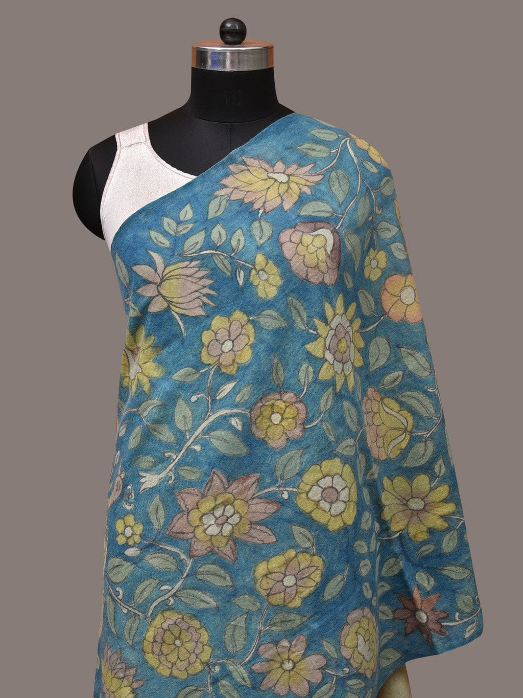 Blue Kalamkari Hand Painted Woolen Handloom Dupatta with Floral and Peacock Design - Global Threads