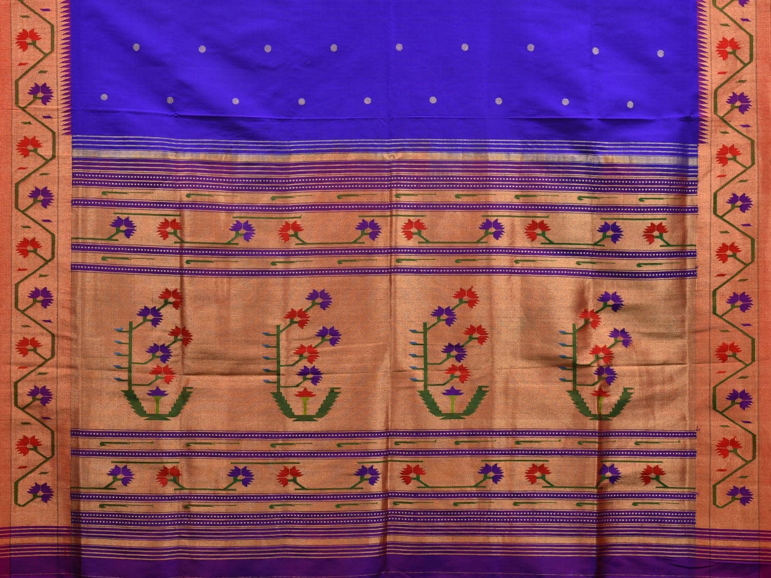 Blue Paithani Silk Handloom Saree with Ashavali Border Design - Global Threads