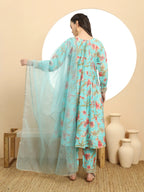 Yufta Blue Printed Silk Embroidered Kurta Dupatta Set - Distacart