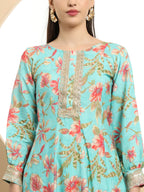 Yufta Blue Printed Silk Embroidered Kurta Dupatta Set - Distacart