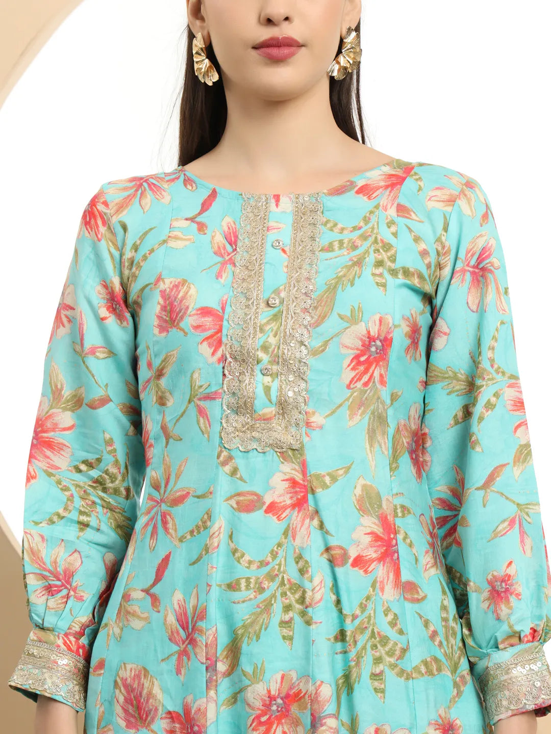 Yufta Blue Printed Silk Embroidered Kurta Dupatta Set - Distacart