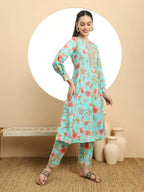 Yufta Blue Printed Silk Embroidered Kurta Dupatta Set - Distacart