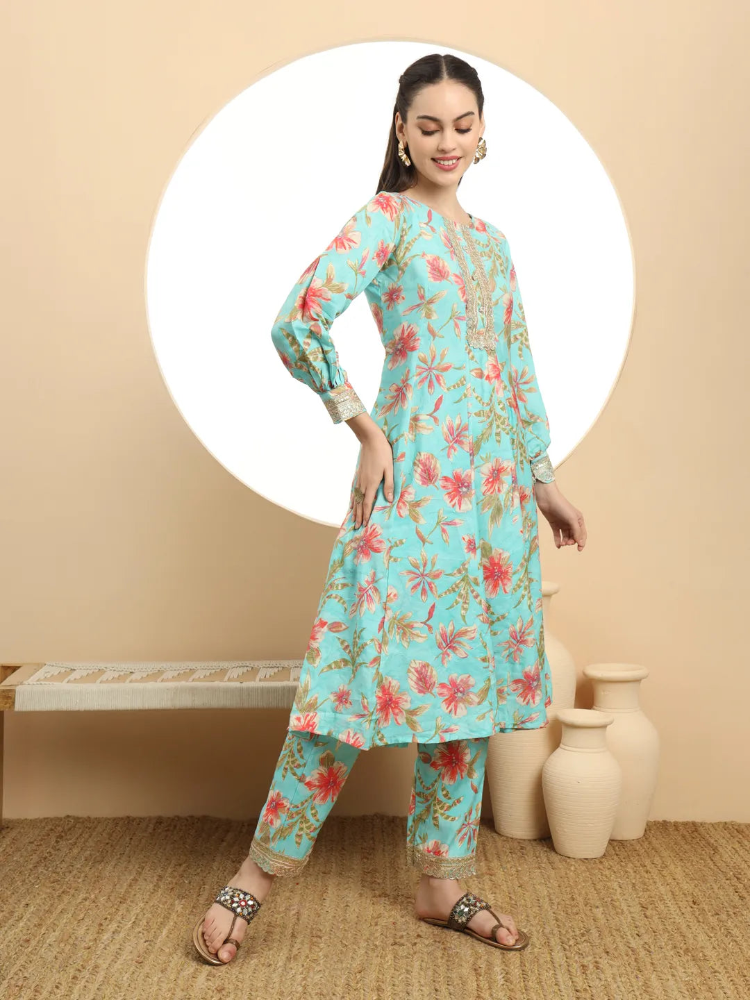 Yufta Blue Printed Silk Embroidered Kurta Dupatta Set - Distacart