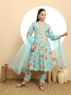 Yufta Blue Printed Silk Embroidered Kurta Dupatta Set - Distacart