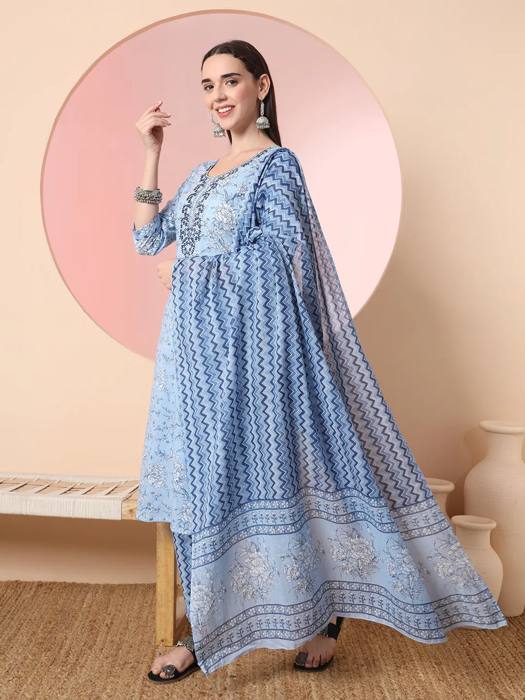 Yufta Blue Pure Cotton Embroidered Kurta Set With Pant & Dupatta