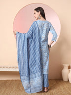 Yufta Blue Pure Cotton Embroidered Kurta Set With Pant & Dupatta
