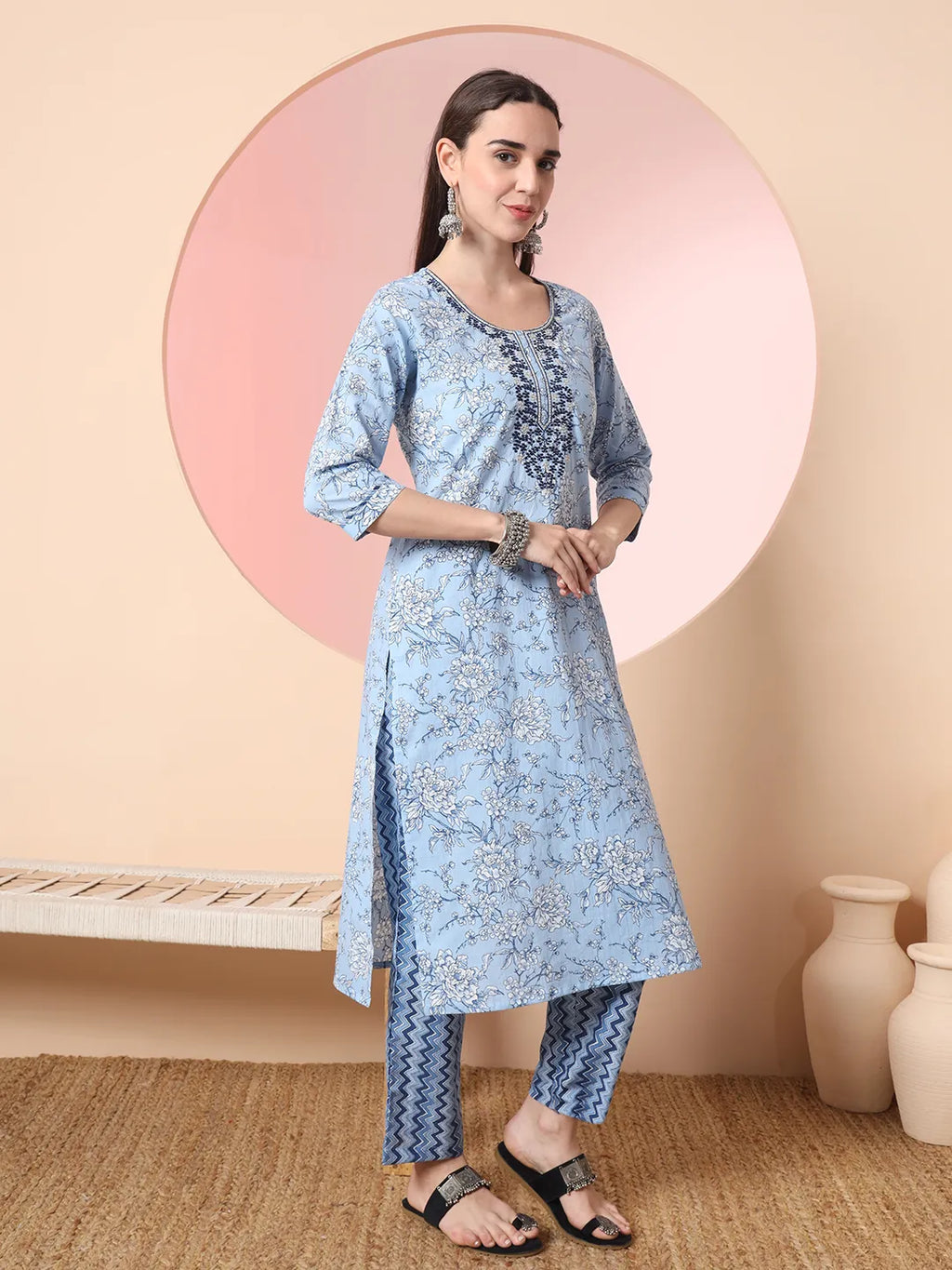 Yufta Blue Pure Cotton Embroidered Kurta Set With Pant & Dupatta