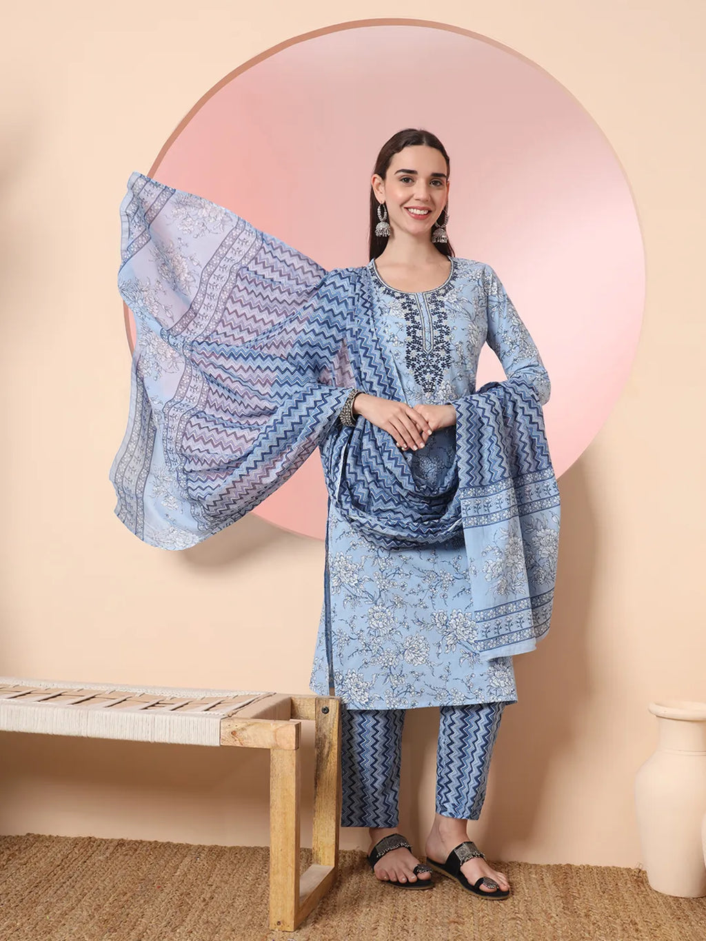 Yufta Blue Pure Cotton Embroidered Kurta Set With Pant & Dupatta