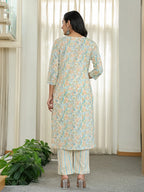 Yufta Blue Pure Cotton Floral Print Kurta Dupatta Pant Set - Distacart