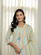 Yufta Blue Pure Cotton Floral Print Kurta Dupatta Pant Set - Distacart