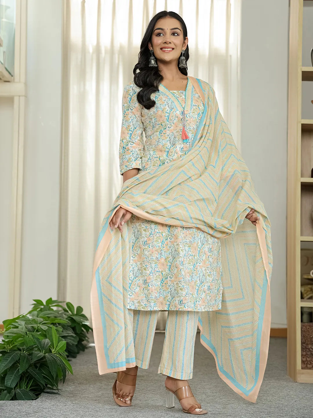 Yufta Blue Pure Cotton Floral Print Kurta Dupatta Pant Set - Distacart