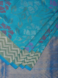 Blue Uppada Silk Handloom Saree with All Over Floral Design - Global Threads