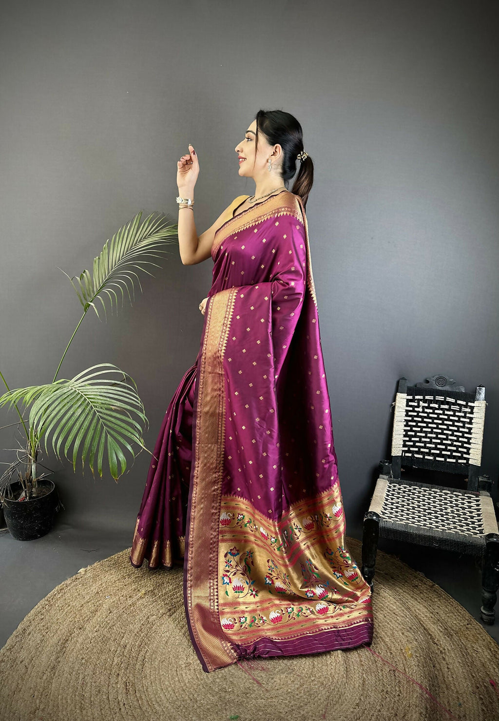 Joban Fashion Wine Butti Woven Soft Lichi Silk Paithani Saree - Distacart
