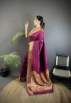 Joban Fashion Wine Butti Woven Soft Lichi Silk Paithani Saree - Distacart