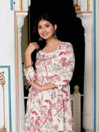 Miravan Women's Light Pink Cotton Gotapatti Birds And Leaf Floral Printed Anarkali Kurta