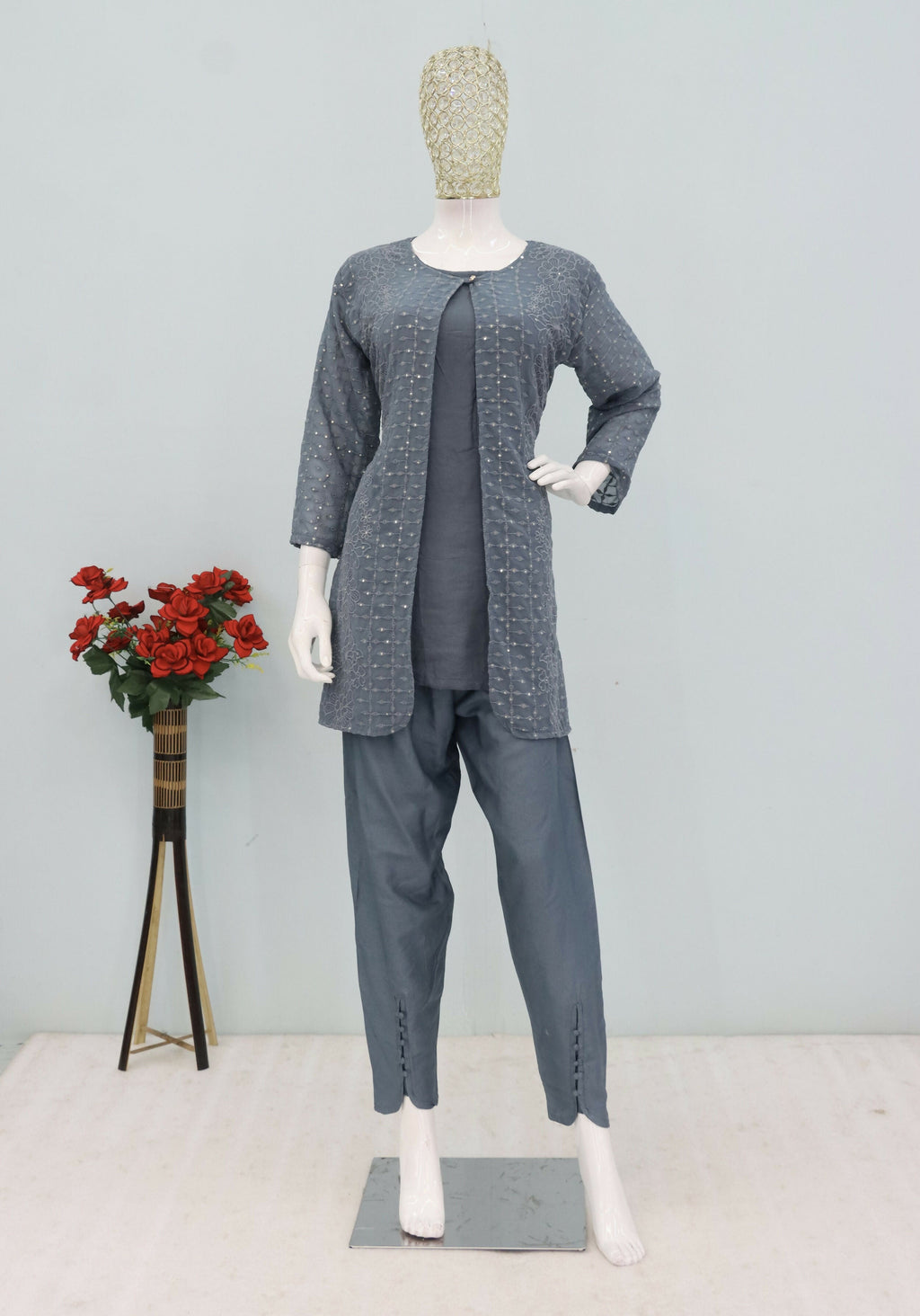 Teeya Creation Grey Color Faux Georgette Party Wear Designer Co Ord Set