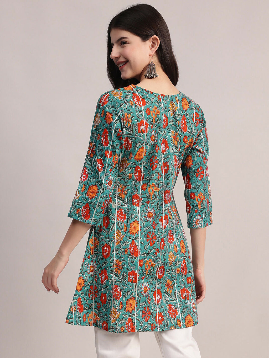 Aavyora Women's Teal Green Cotton A-Line Tunic with Red Floral Print and All-Over Pintuck Details