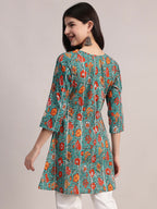 Aavyora Women's Teal Green Cotton A-Line Tunic with Red Floral Print and All-Over Pintuck Details