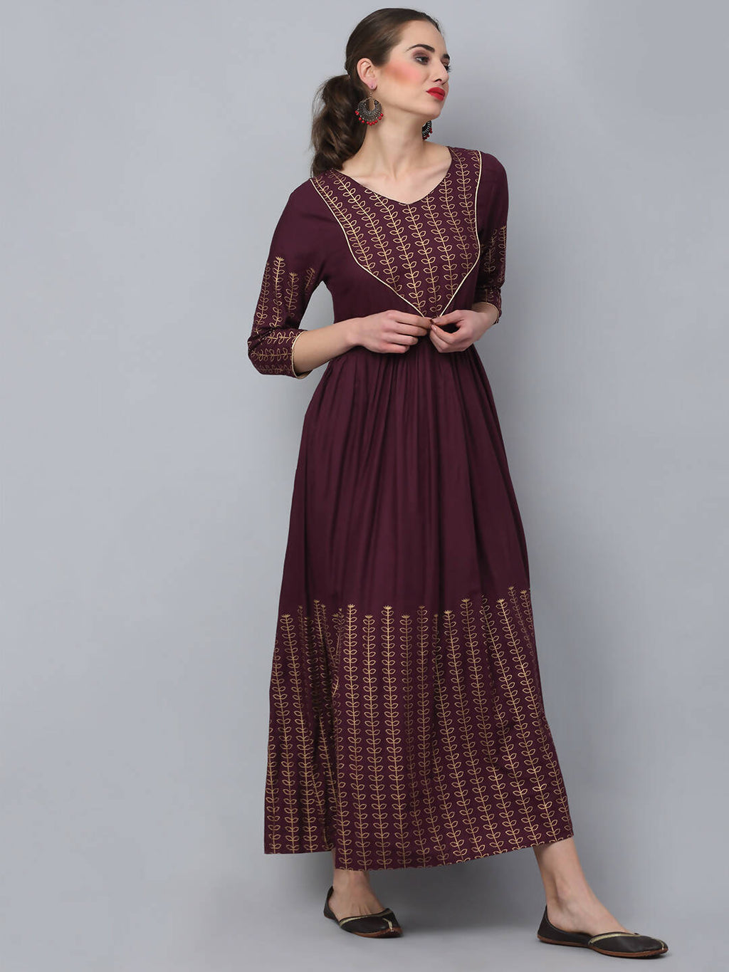 Rudra Bazaar Gold Printed A-Line Flared Brown Kurti - Distacart