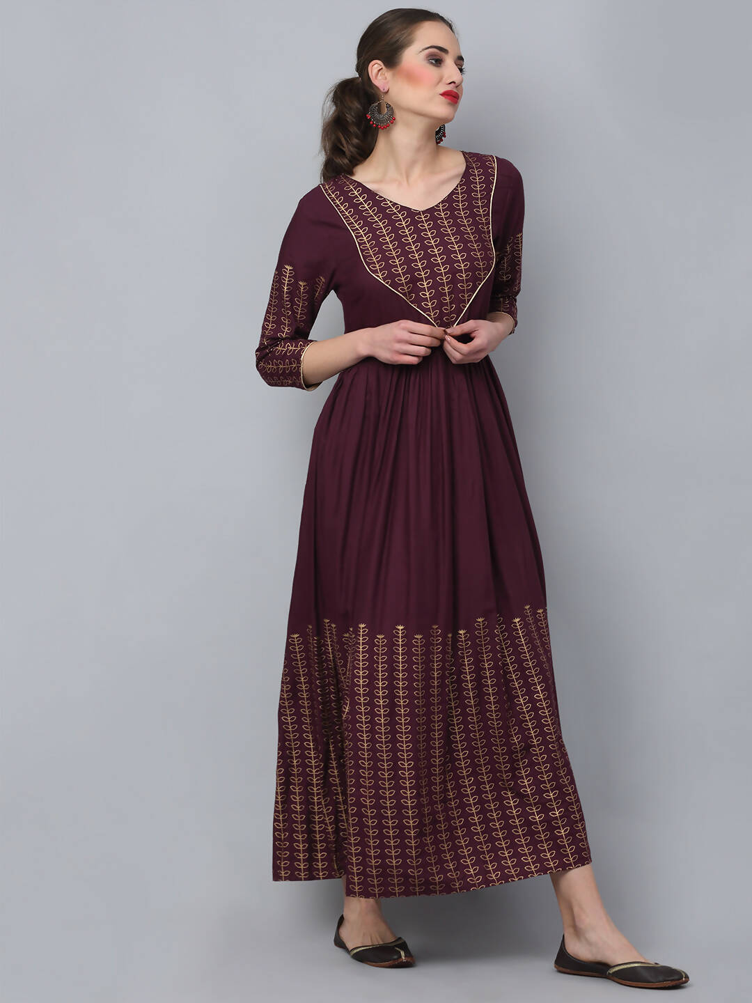 Rudra Bazaar Gold Printed A-Line Flared Brown Kurti - Distacart