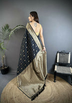 Joban Fashion Black Zari Weaving Motif Lichi Silk Banarasi Silk Saree - Distacart