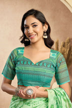 Vastranavya Mint Green Digital Printed Linen Ready To Wear Designer Saree with Unstitched Blouse - Distacart