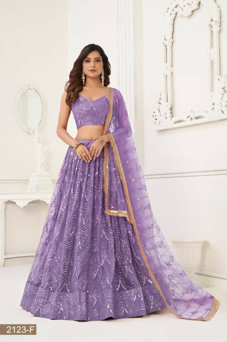 Aastha Fashion Lavender Butterfly Net Tone To Tone Thread Work, Sequence Work And Original Mirror Work Embroidery Wedding Wear Lehenga Choli