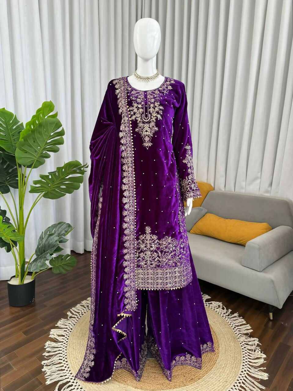 Vastranavya Purple Viscose Velvet Cording Sequence With Moti Work Top-Bottom With Dupatta - Distacart