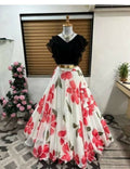 Dishitha Creation Floral Printed Stitched Lehenga & Crop Top - Black & White