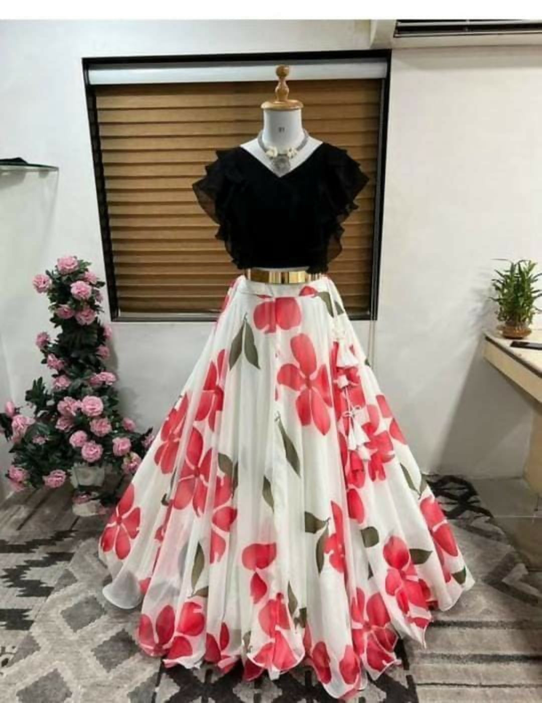 Dishitha Creation Floral Printed Stitched Lehenga & Crop Top - Black & White
