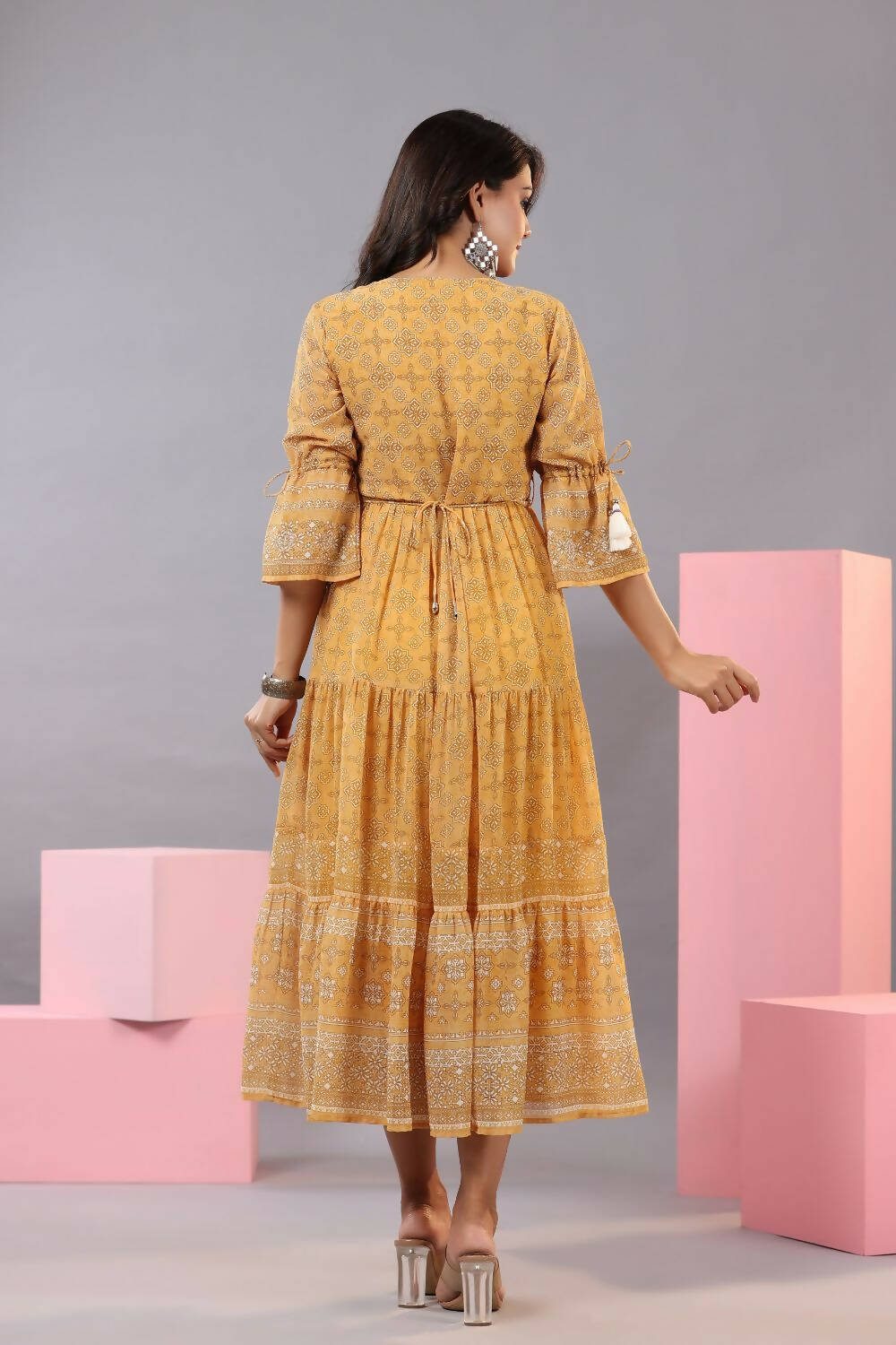 Juniper Women Yellow Georgette Geometric Printed Tiered Maxi Dress - Distacart