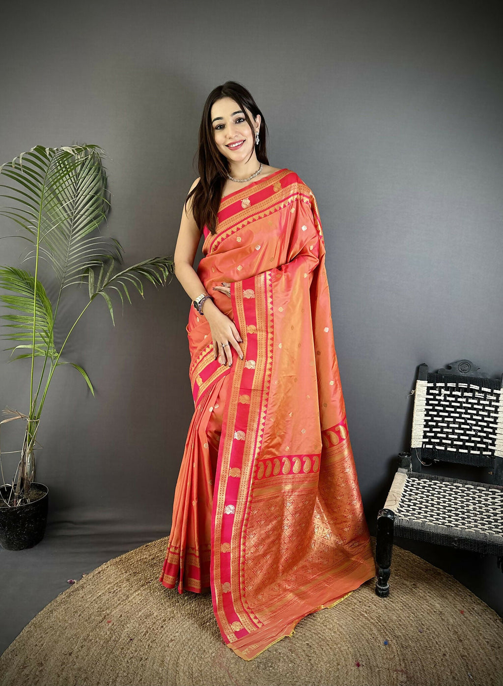Joban Fashion Peach Banarasi Soft Silk Woven Saree - Distacart