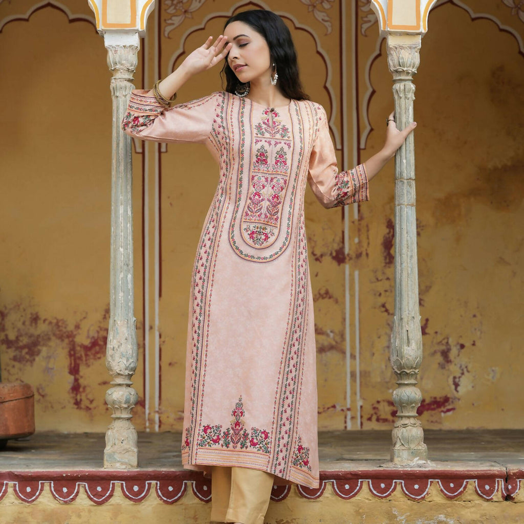 Juniper Women's Peach Rayon Staple Printed A-Line Kurta - Distacart