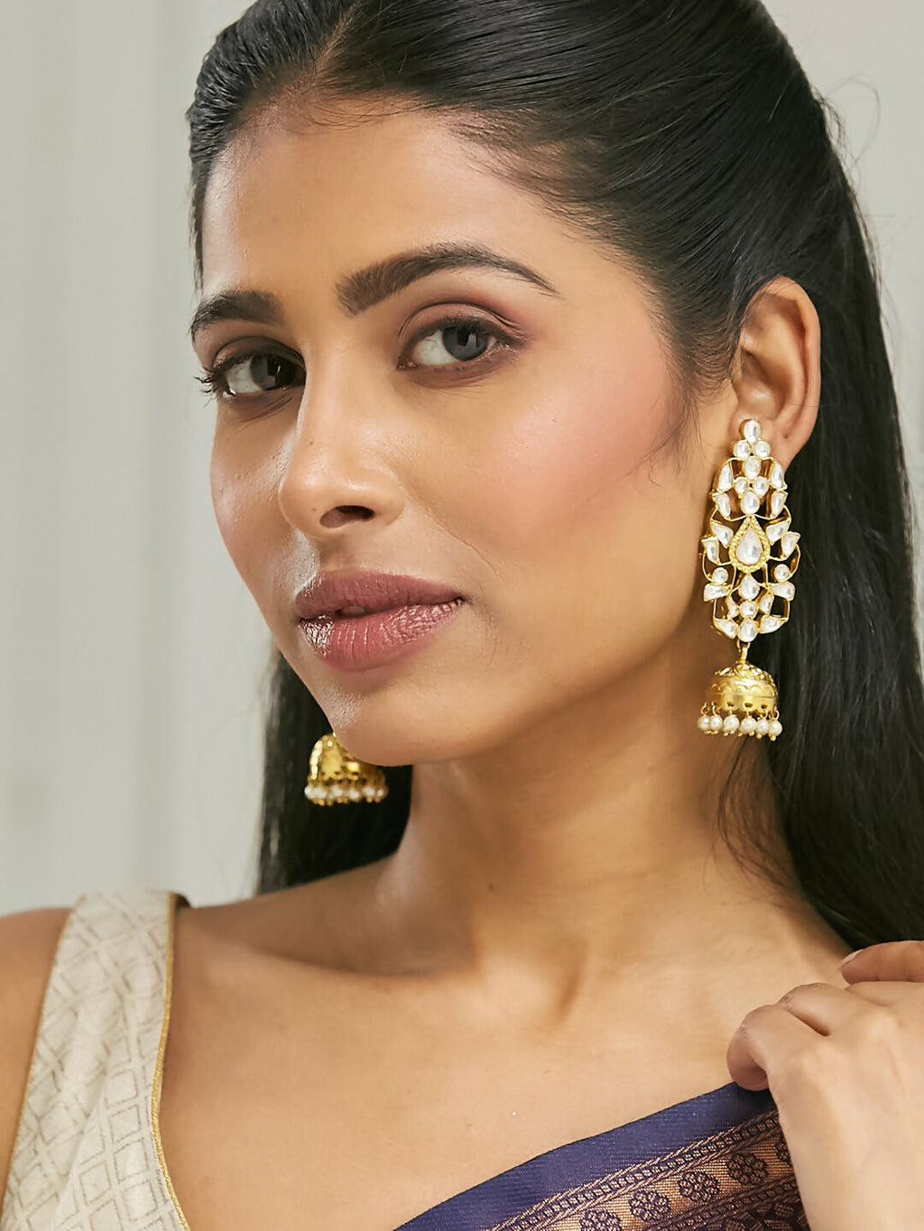 Nuyug 22K Gold-Plated Regal Kundan Stone Studded & Pearl Drop Jhumkas - Distacart