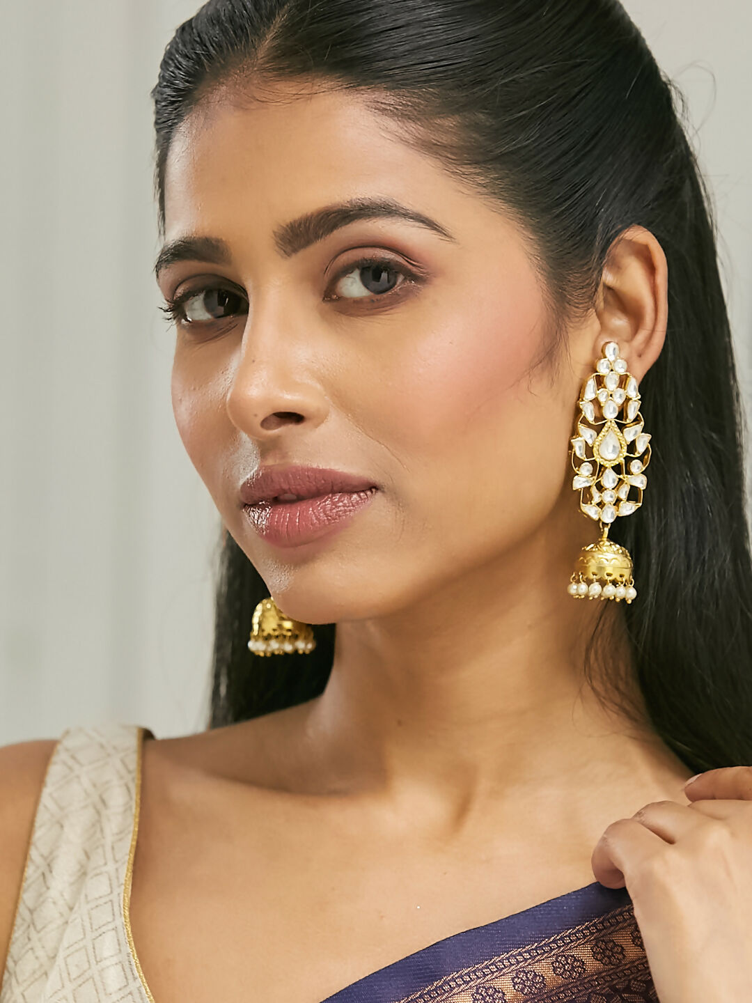 Nuyug 22K Gold-Plated Regal Kundan Stone Studded & Pearl Drop Jhumkas - Distacart