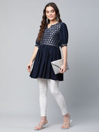 Ahalyaa Women Navy Blue Rayon Silver Foil Print Tunic - Distacart
