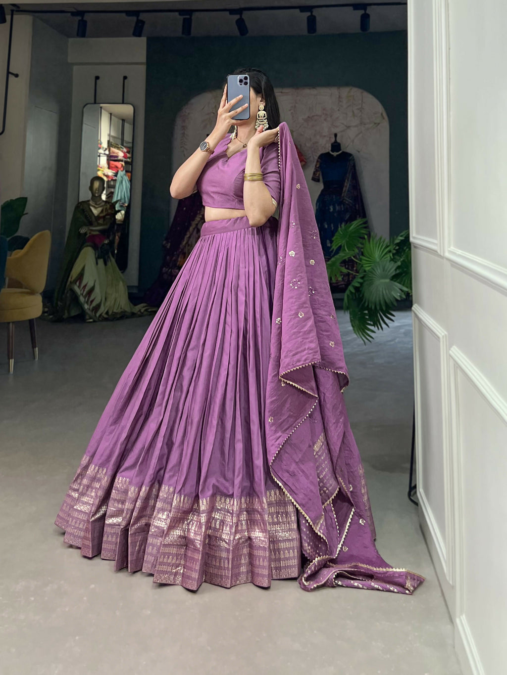 Lorenvalley Lavender Pure Chanderi Plain With Zari Weaving Work Border Lehenga Choli