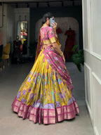 Vastranavya Kalamkari Printed Dola Silk Lehenga Choli - Mustard