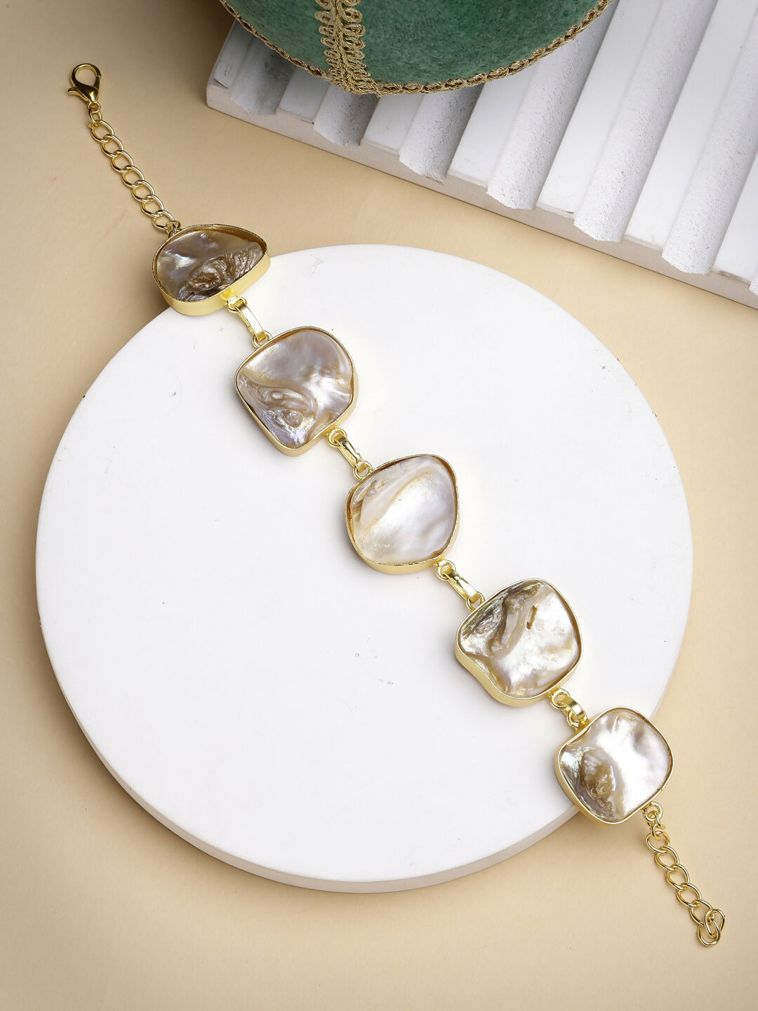NVR Women's Gold-Plated Handcrafted Mother of Pearl Link Bracelet - Distacart