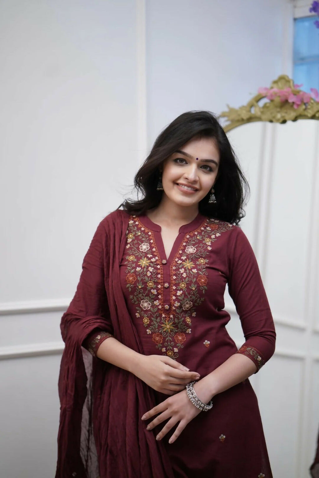 The52 Women's Beautiful Rayon Slub Fabric Thread Work Straight Kurta Pant and Dupatta Set - Distacart