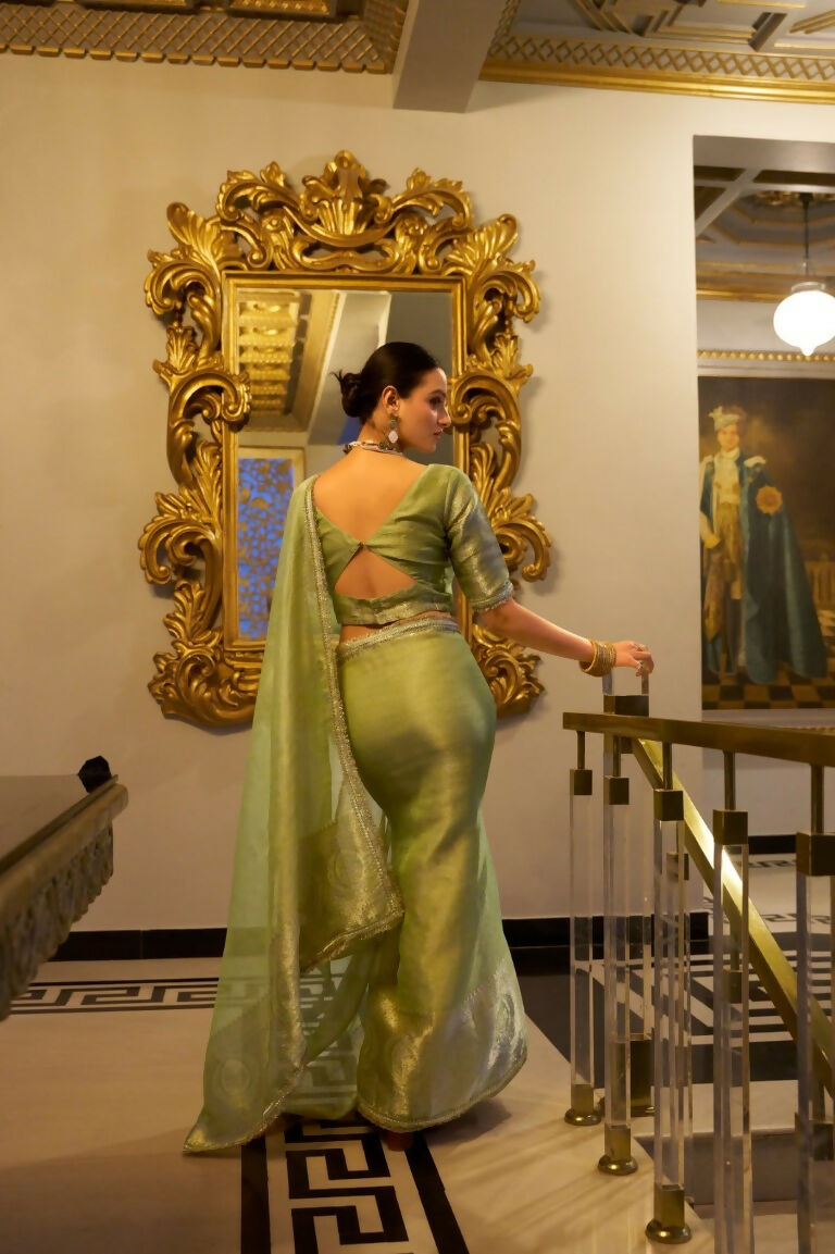 Vastranavya Pista Tissue Shimmer Zari Weaving Work Saree with Unstitched Blouse
