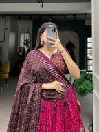 Vastranavya Bandhej And Ajarakh Print Tussar Silk Lehenga Choli - Pink