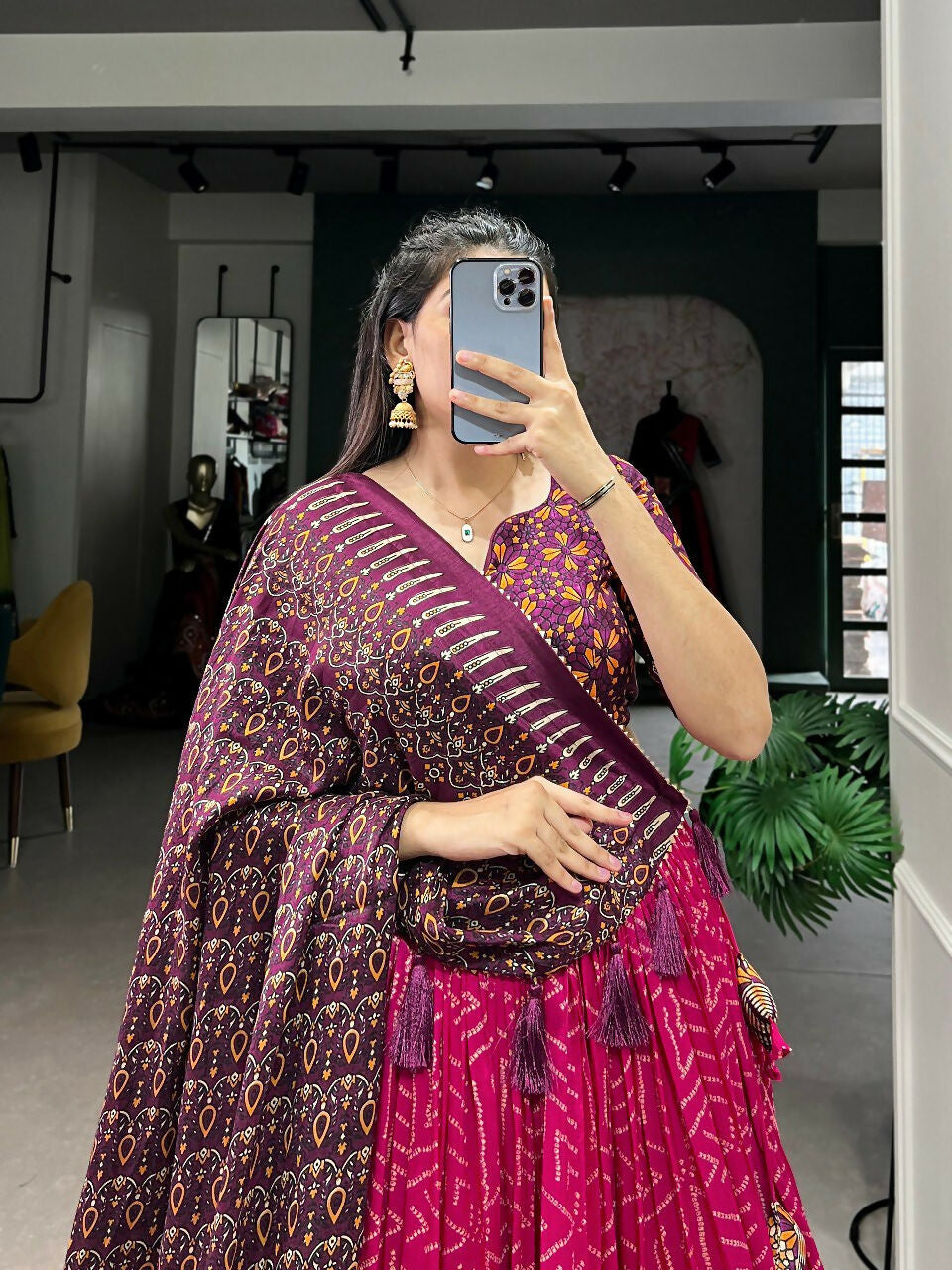 Vastranavya Bandhej And Ajarakh Print Tussar Silk Lehenga Choli - Pink