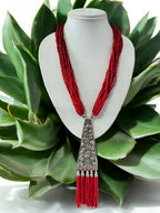 Inhanns Day-To-Dinner Tie Shaped Oxidized Black Metal Multi-Layered Long Only Necklace - Red Necklace