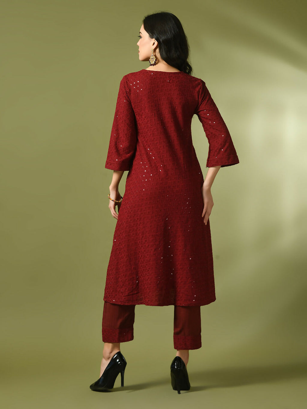 Myshka Women's Maroon Embroidered Cotton A-Line Party Kurta Set