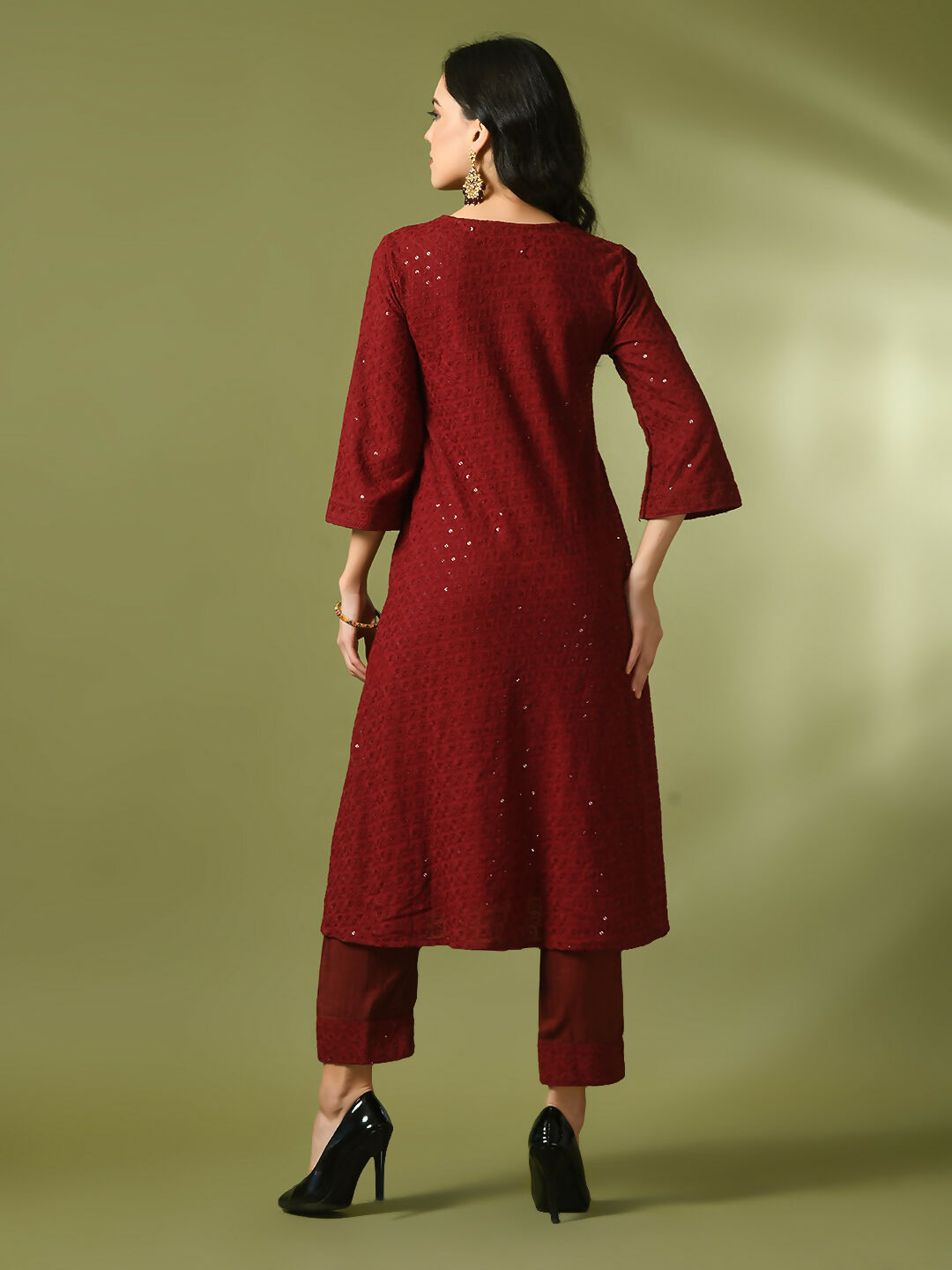 Myshka Women's Maroon Embroidered Cotton A-Line Party Kurta Set