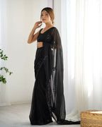 Attractive Looking Georgette Thread, Sequance Embroidery Work Party Wear Saree - Black