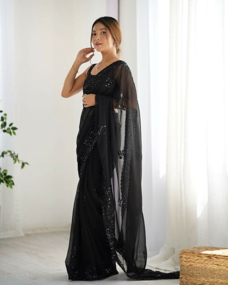 Attractive Looking Georgette Thread, Sequance Embroidery Work Party Wear Saree - Black