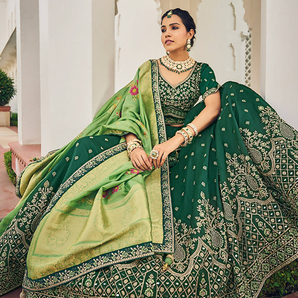 Green Heavy Viscose Khatli, Embroidery & Mirror Work Unstitched Lehenga Choli - Sisha Keshav