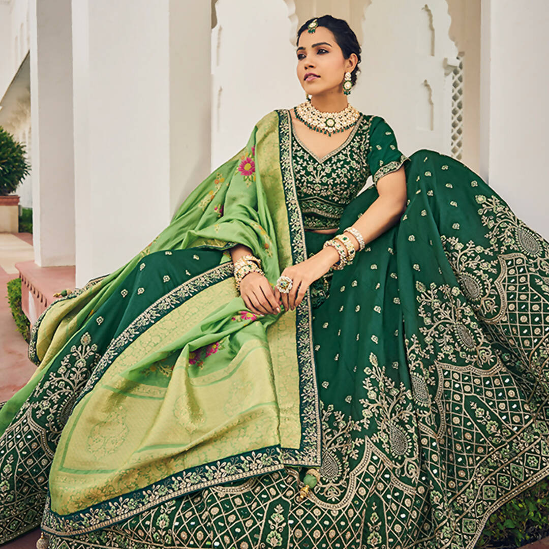 Green Heavy Viscose Khatli, Embroidery & Mirror Work Unstitched Lehenga Choli - Sisha Keshav